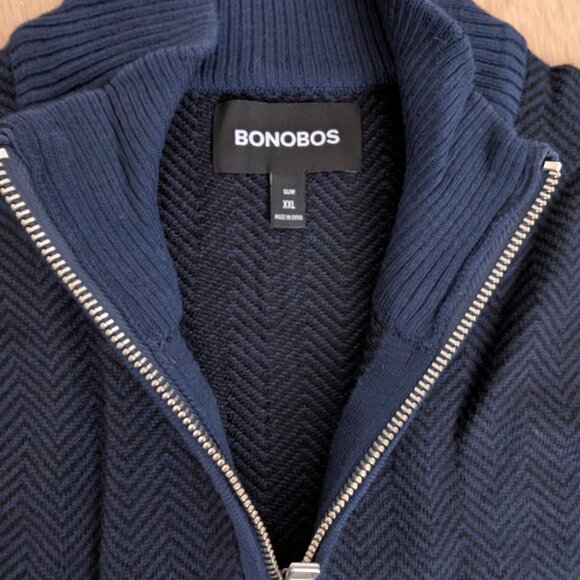 New Bonobos Merino Half Zip Sweater XXL Midnight Blue Herringbone Washable Wool - Picture 2 of 6